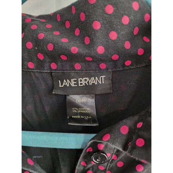 Lane Bryant Button Up Shirt Women’s 14 16 Black Pink Polka Dot Short Sleeve Top - Picture 2 of 6